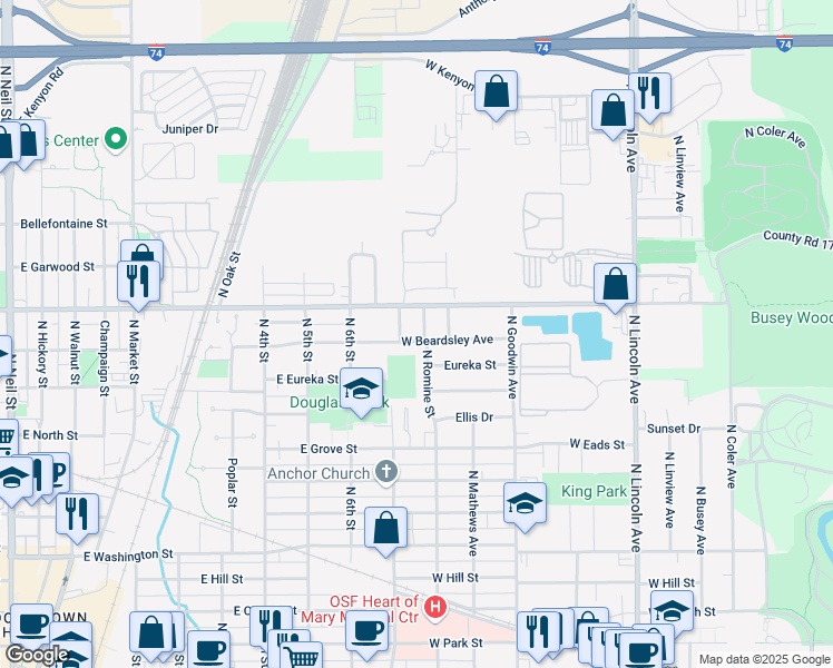 map of restaurants, bars, coffee shops, grocery stores, and more near 1504 Carver Drive in Urbana