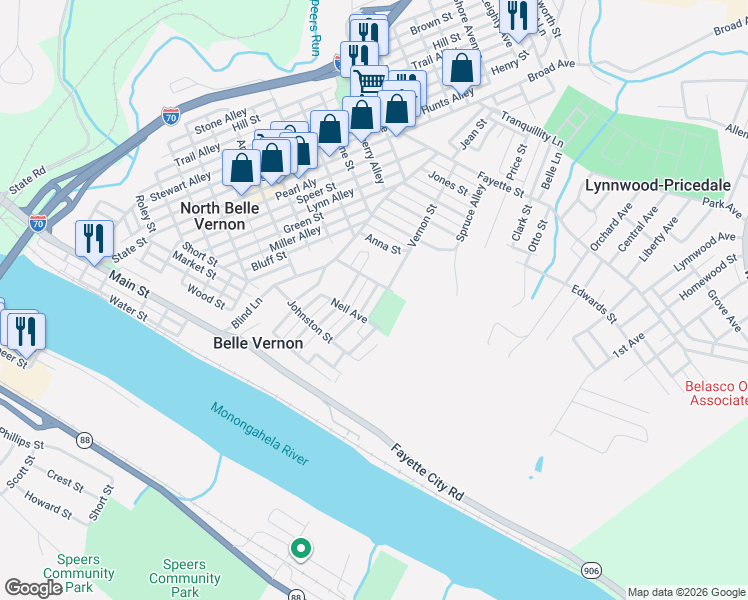 map of restaurants, bars, coffee shops, grocery stores, and more near 36 Mulberry Street in Belle Vernon