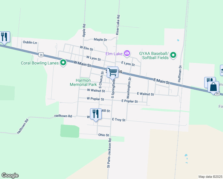 map of restaurants, bars, coffee shops, grocery stores, and more near 220 South Springfield Street in Saint Paris