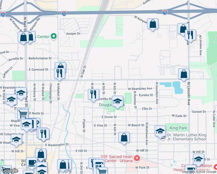 map of restaurants, bars, coffee shops, grocery stores, and more near 506 East Beardsley Avenue in Champaign
