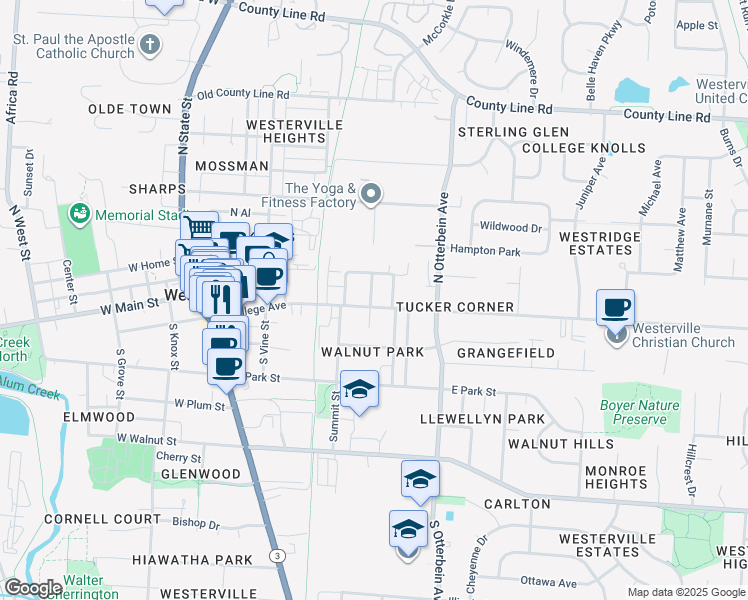 map of restaurants, bars, coffee shops, grocery stores, and more near 198 E College Ave in Westerville