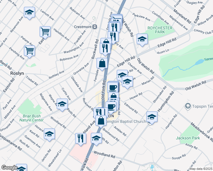 map of restaurants, bars, coffee shops, grocery stores, and more near 1515 Pennsylvania 611 in Abington