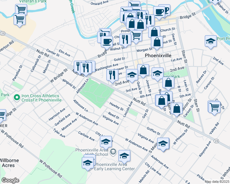 map of restaurants, bars, coffee shops, grocery stores, and more near 352 Pennsylvania 23 in Phoenixville