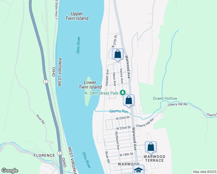 map of restaurants, bars, coffee shops, grocery stores, and more near 2420 Hazlett Avenue in Wheeling