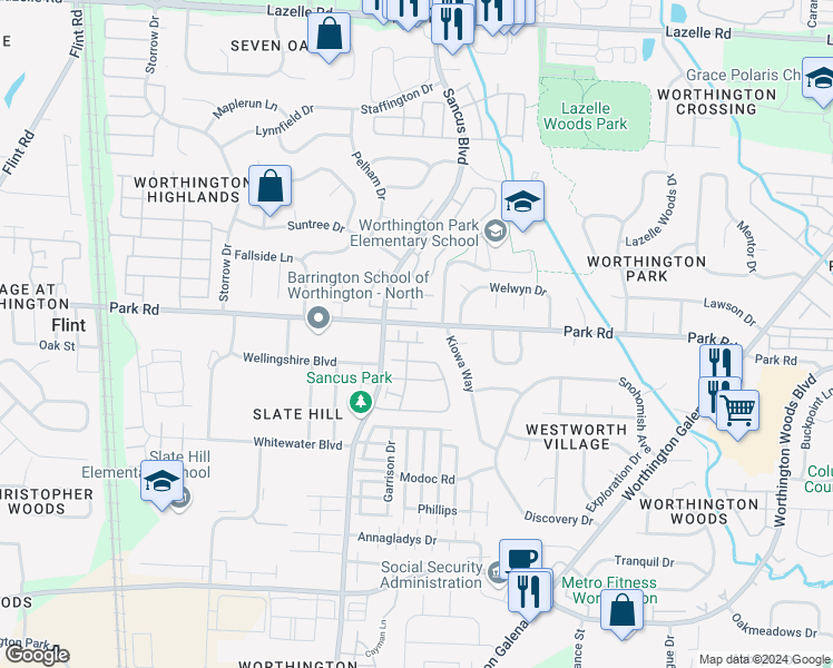 map of restaurants, bars, coffee shops, grocery stores, and more near 7885 Kiowa Way in Worthington