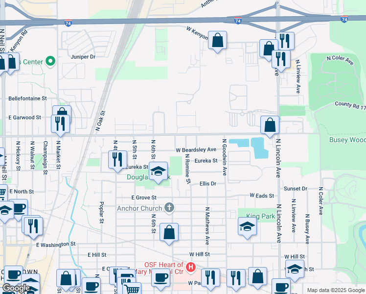 map of restaurants, bars, coffee shops, grocery stores, and more near 1504 Carver Drive in Urbana