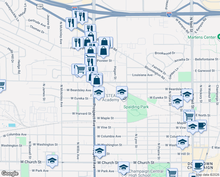 map of restaurants, bars, coffee shops, grocery stores, and more near 15 Sherwood Court in Champaign