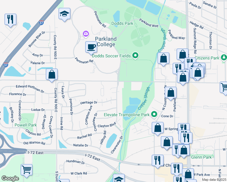 map of restaurants, bars, coffee shops, grocery stores, and more near 2459 Clayton Boulevard in Champaign