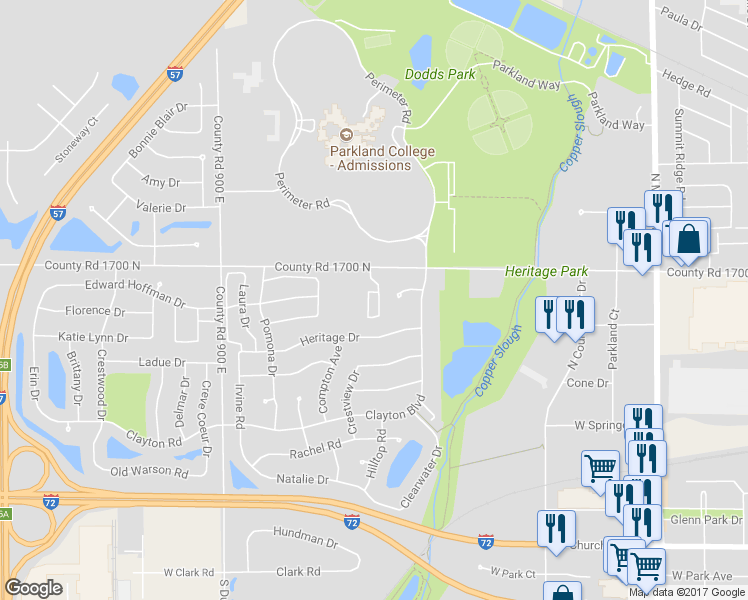 map of restaurants, bars, coffee shops, grocery stores, and more near 2406 High View Court in Champaign