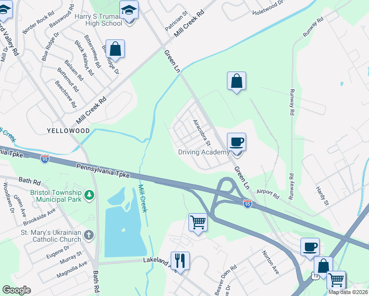 map of restaurants, bars, coffee shops, grocery stores, and more near 5703 Mustang Street in Levittown