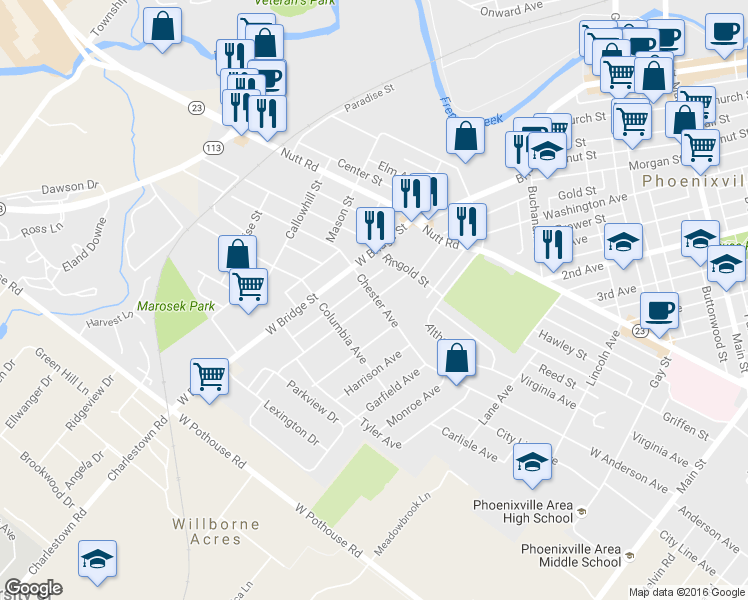 map of restaurants, bars, coffee shops, grocery stores, and more near 999 Cherry Street in Phoenixville