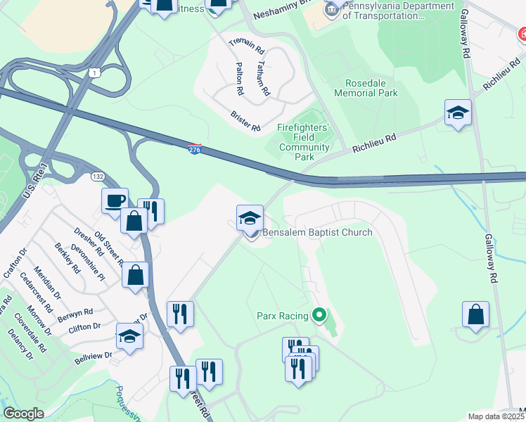 map of restaurants, bars, coffee shops, grocery stores, and more near 3441 Richlieu Road in Bensalem