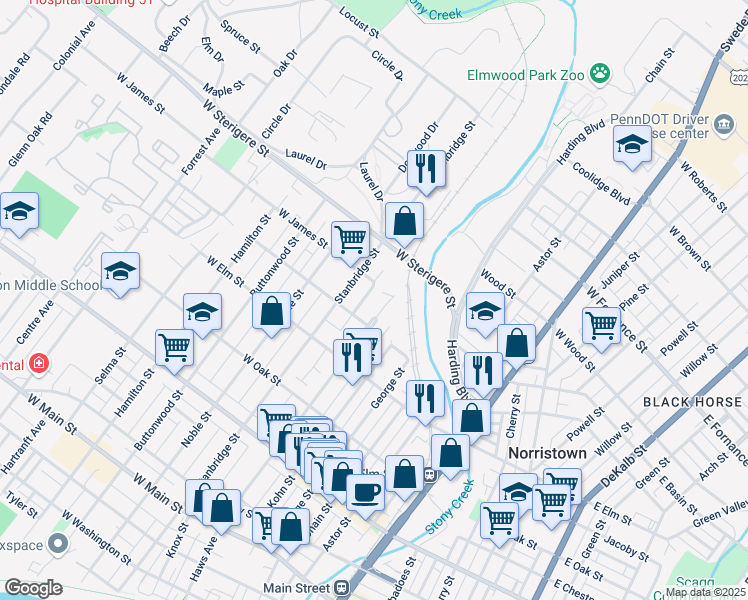 map of restaurants, bars, coffee shops, grocery stores, and more near 906 West James Street in Norristown