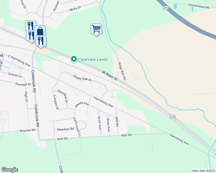 map of restaurants, bars, coffee shops, grocery stores, and more near 1843 Shady Oak Drive in Mount Joy