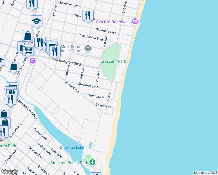 map of restaurants, bars, coffee shops, grocery stores, and more near 806 1st Avenue in Sea Girt