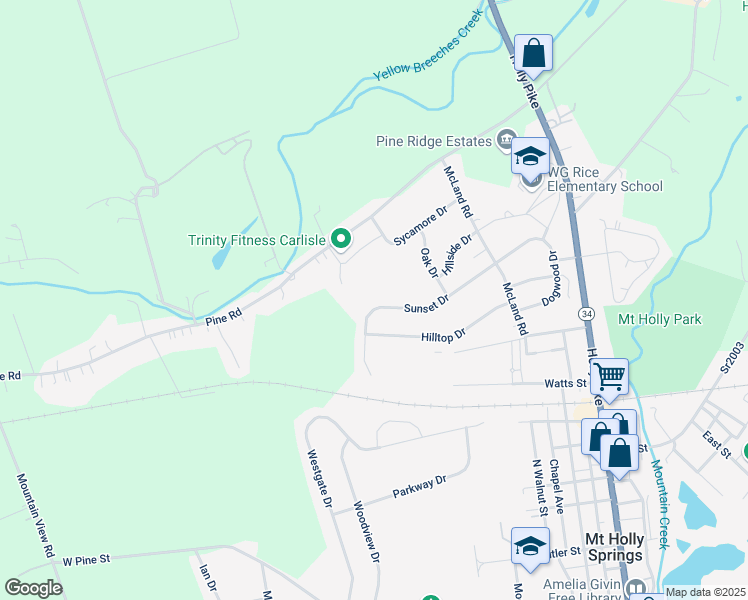 map of restaurants, bars, coffee shops, grocery stores, and more near 132 Sunset Drive in Mount Holly Springs