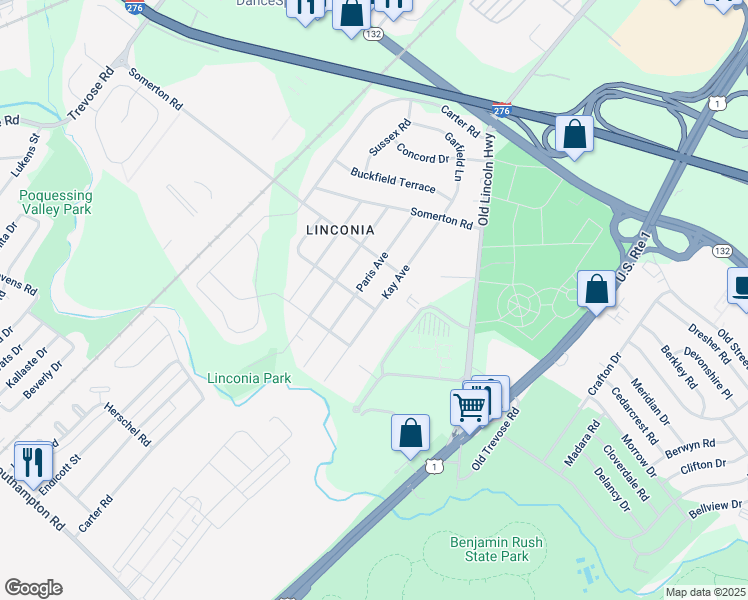map of restaurants, bars, coffee shops, grocery stores, and more near 2506 Kay Avenue in Bucks County