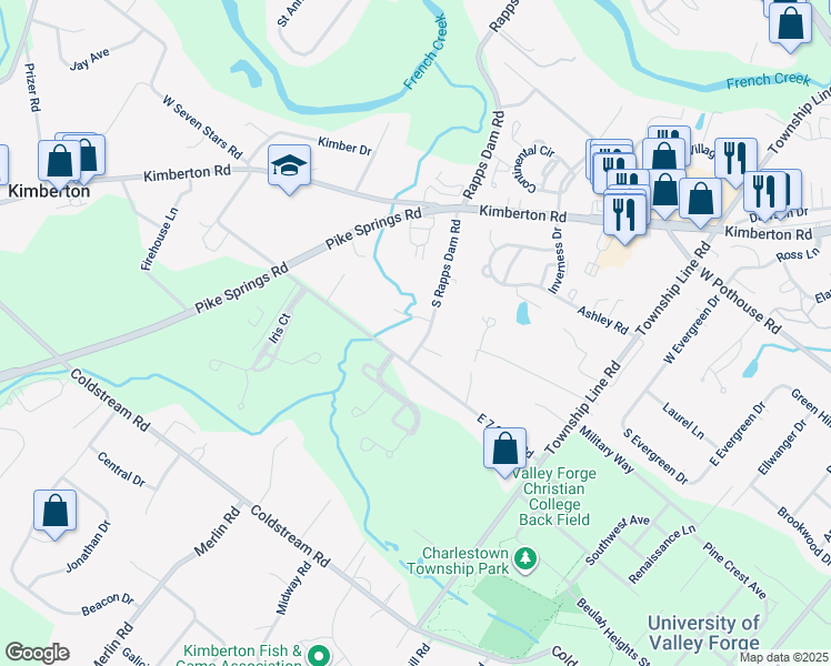 map of restaurants, bars, coffee shops, grocery stores, and more near 1225 South Rapps Dam Road in Phoenixville