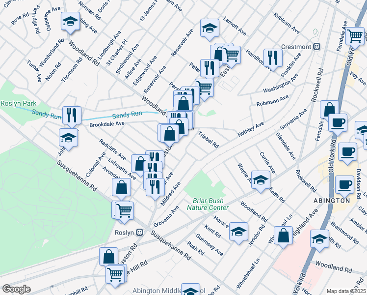map of restaurants, bars, coffee shops, grocery stores, and more near 1326 East Avenue in Abington