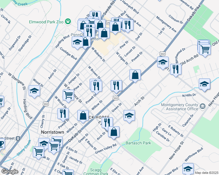 map of restaurants, bars, coffee shops, grocery stores, and more near 13 East Brown Street in Norristown