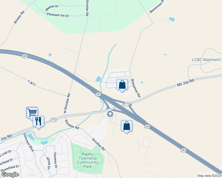 map of restaurants, bars, coffee shops, grocery stores, and more near 75 Ridgewood Manor in Manheim