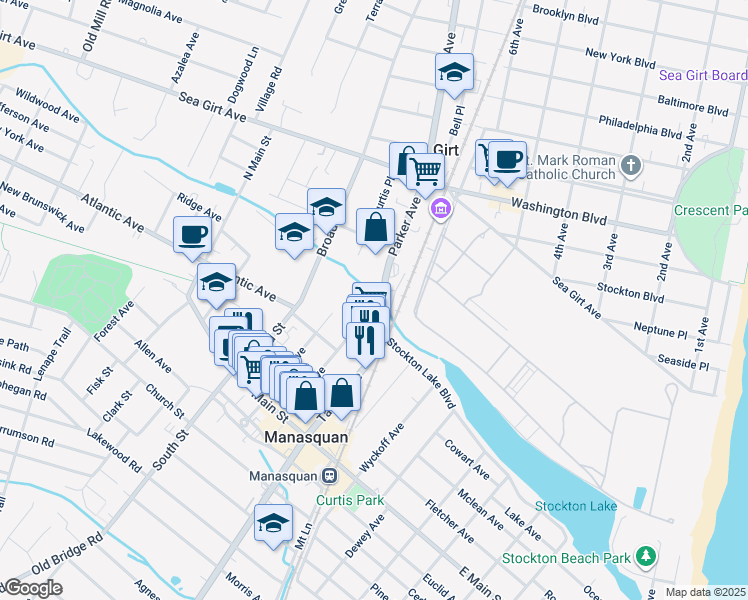 map of restaurants, bars, coffee shops, grocery stores, and more near 145 Parker Avenue in Manasquan