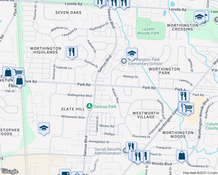 map of restaurants, bars, coffee shops, grocery stores, and more near 7885 Kiowa Way in Worthington
