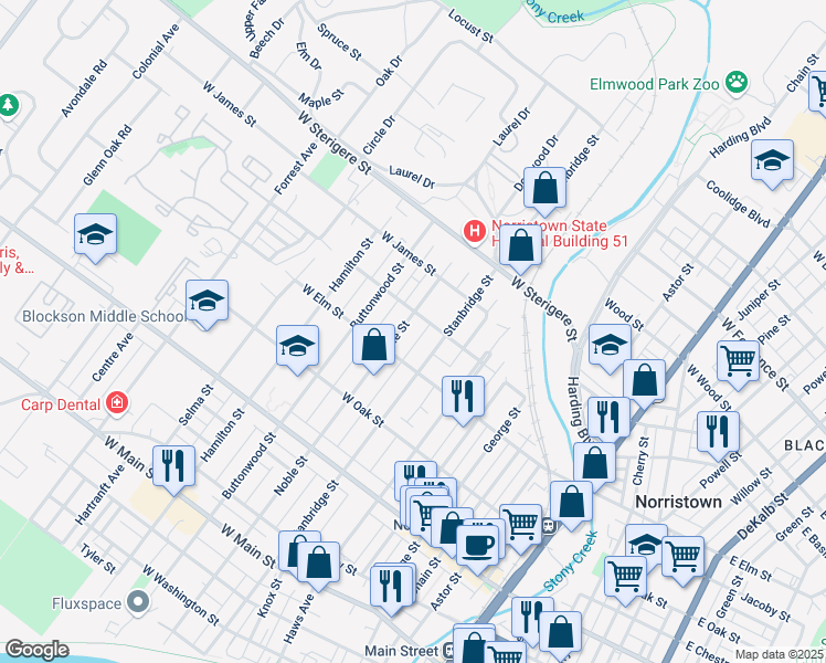 map of restaurants, bars, coffee shops, grocery stores, and more near 822 Noble Street in Norristown