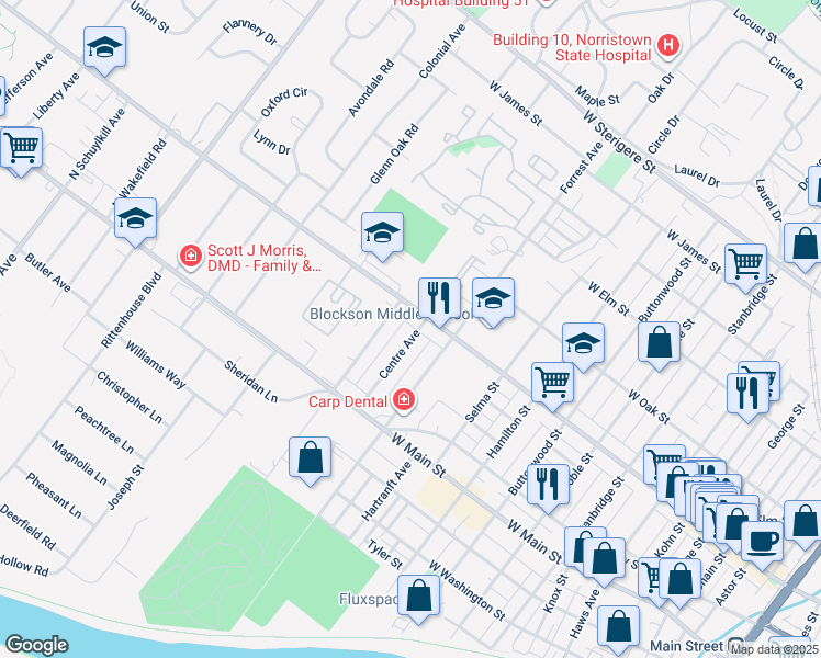 map of restaurants, bars, coffee shops, grocery stores, and more near 45 Centre Avenue in Eagleville