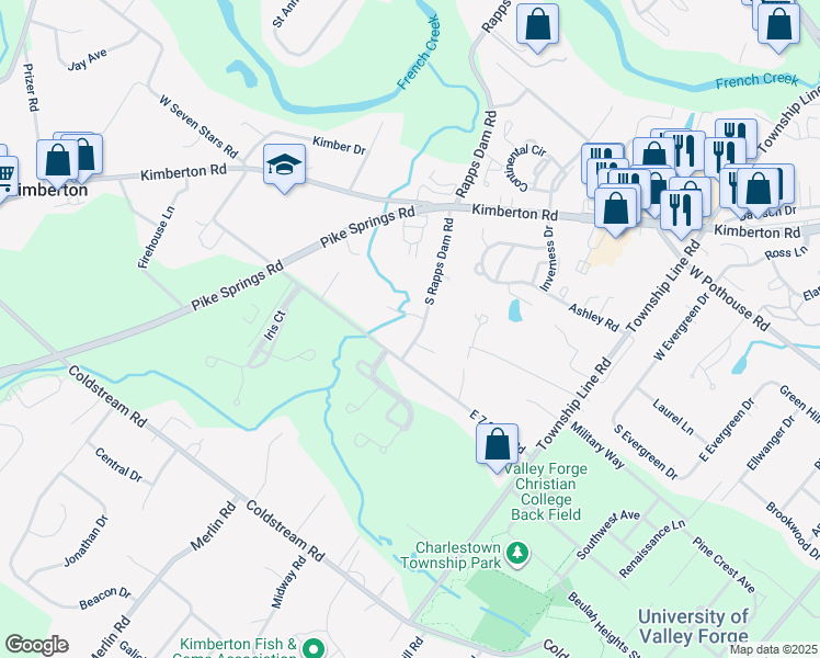 map of restaurants, bars, coffee shops, grocery stores, and more near 1225 South Rapps Dam Road in Phoenixville