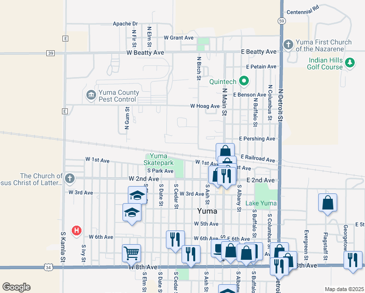 map of restaurants, bars, coffee shops, grocery stores, and more near 224 West Railroad Avenue in Yuma