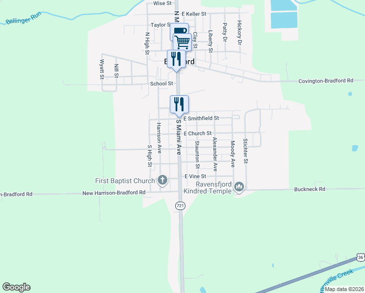 map of restaurants, bars, coffee shops, grocery stores, and more near 110 East James Street in Bradford