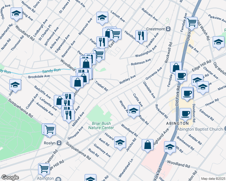 map of restaurants, bars, coffee shops, grocery stores, and more near 1377 Rothley Avenue in Abington