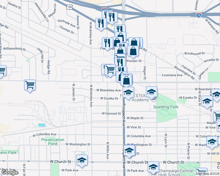 map of restaurants, bars, coffee shops, grocery stores, and more near 920 West Beardsley Avenue in Champaign
