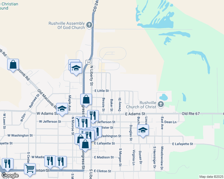 map of restaurants, bars, coffee shops, grocery stores, and more near 711 Roosevelt Road in Rushville