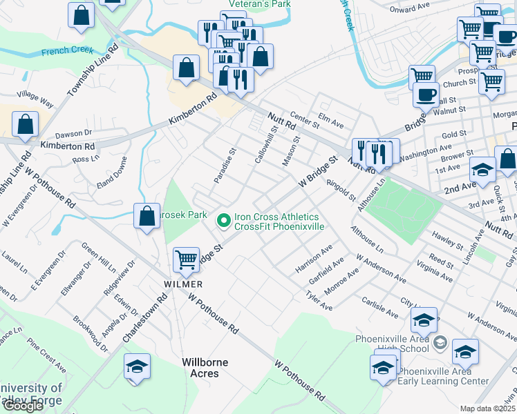 map of restaurants, bars, coffee shops, grocery stores, and more near 1015 West Bridge Street in Phoenixville