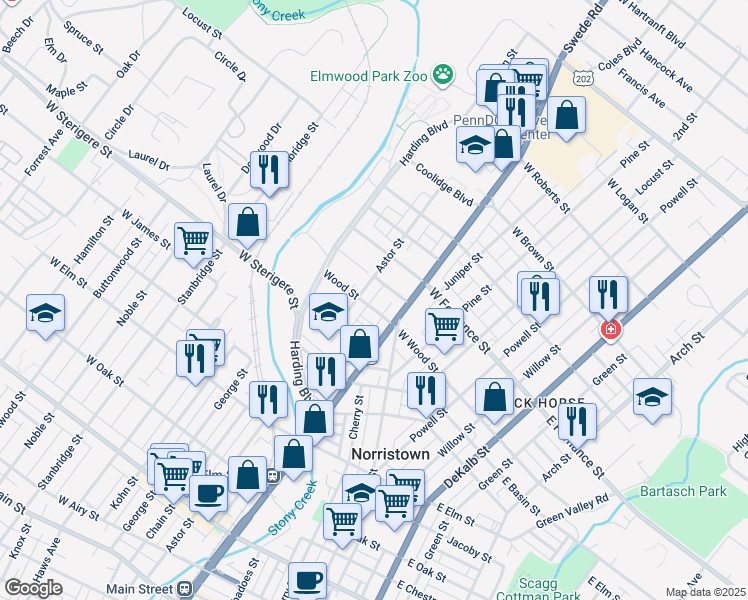 map of restaurants, bars, coffee shops, grocery stores, and more near 329 West Wood Street in Norristown