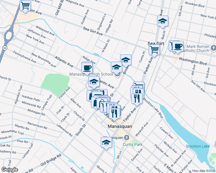 map of restaurants, bars, coffee shops, grocery stores, and more near 31 Atlantic Avenue in Manasquan
