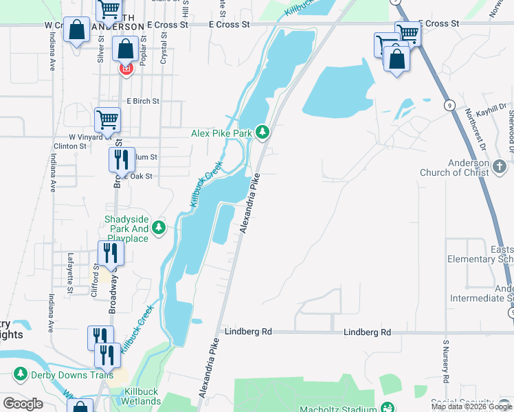 map of restaurants, bars, coffee shops, grocery stores, and more near 1108 Alexandria Pike in Anderson