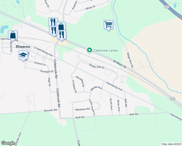 map of restaurants, bars, coffee shops, grocery stores, and more near 1949 Harrisburg Avenue in Mount Joy