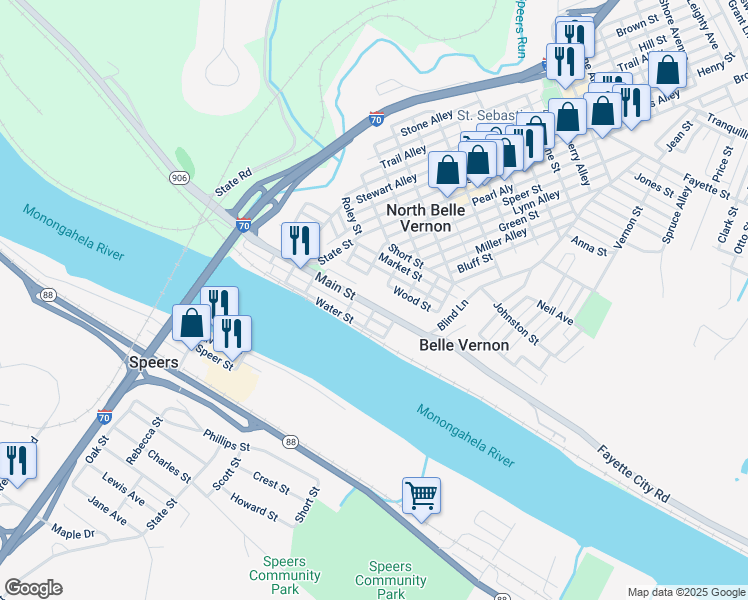 map of restaurants, bars, coffee shops, grocery stores, and more near 319 Main Street in Belle Vernon