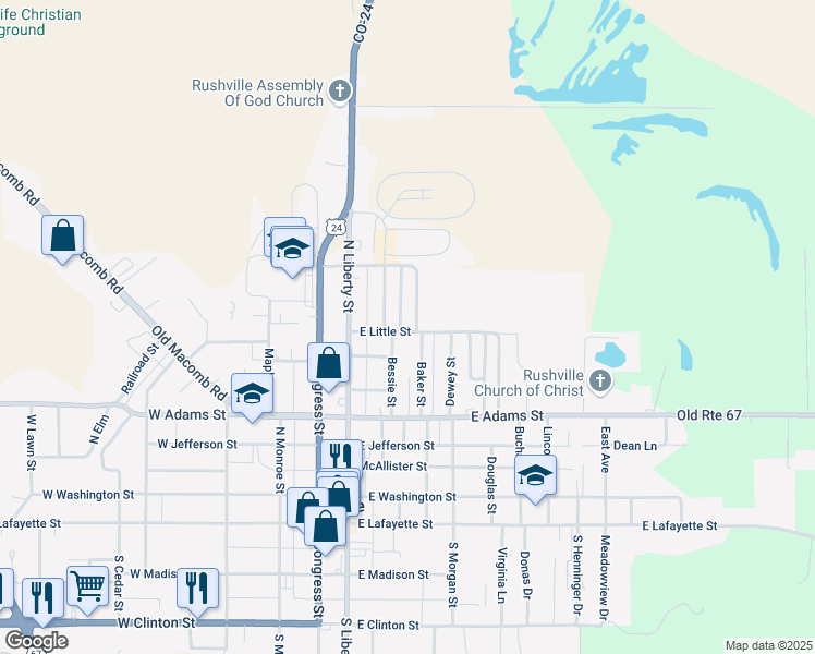 map of restaurants, bars, coffee shops, grocery stores, and more near 711 Roosevelt Road in Rushville