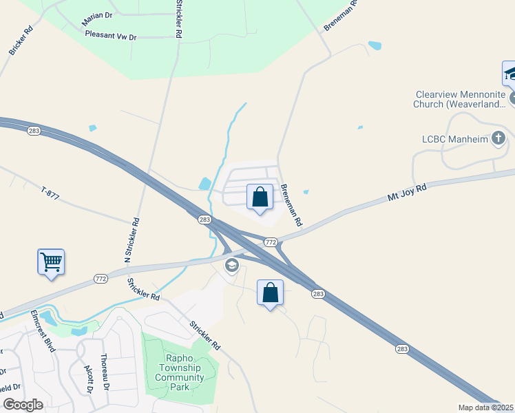 map of restaurants, bars, coffee shops, grocery stores, and more near 99 Ridgewood Manor in Manheim