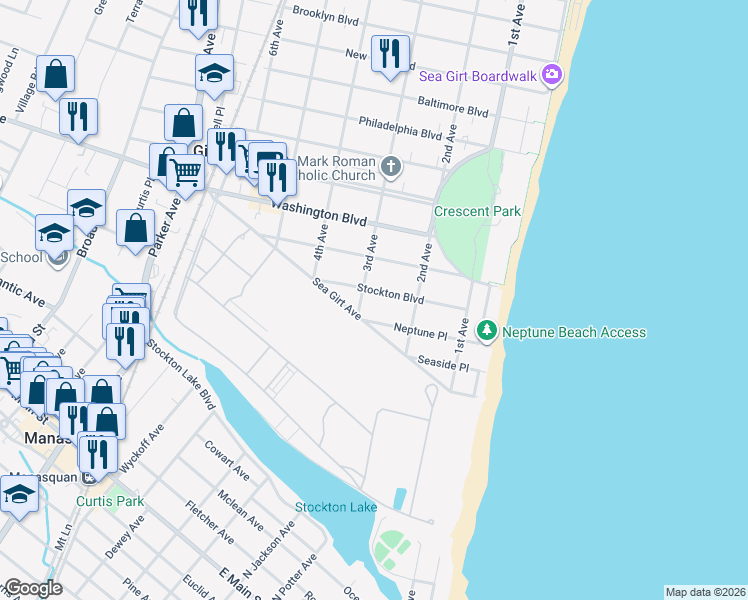 map of restaurants, bars, coffee shops, grocery stores, and more near 218 Stockton Boulevard in Sea Girt