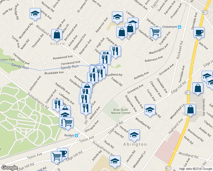 map of restaurants, bars, coffee shops, grocery stores, and more near 1331 East Avenue in Abington