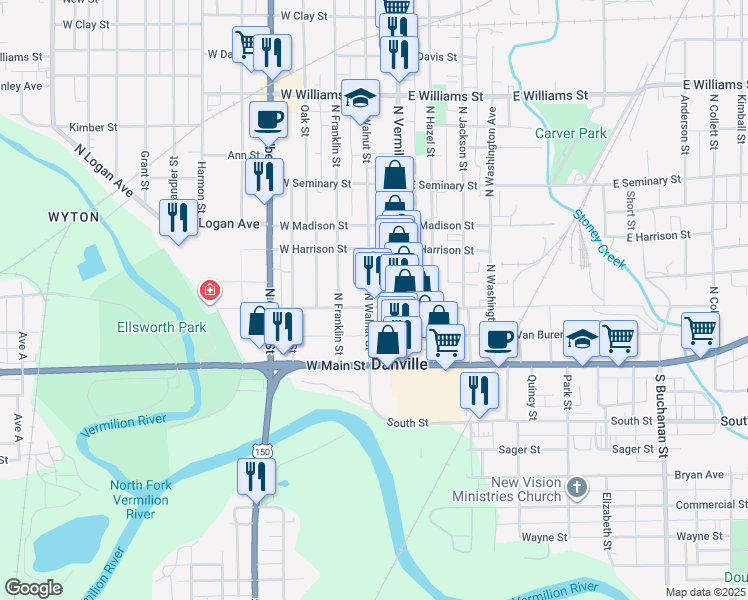map of restaurants, bars, coffee shops, grocery stores, and more near 100-198 North Walnut Street in Danville