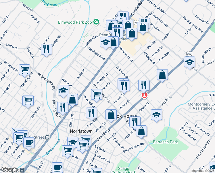 map of restaurants, bars, coffee shops, grocery stores, and more near 1430 Pine Street in Norristown