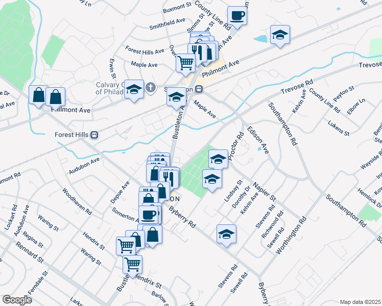 map of restaurants, bars, coffee shops, grocery stores, and more near 13250 Trevose Road in Philadelphia