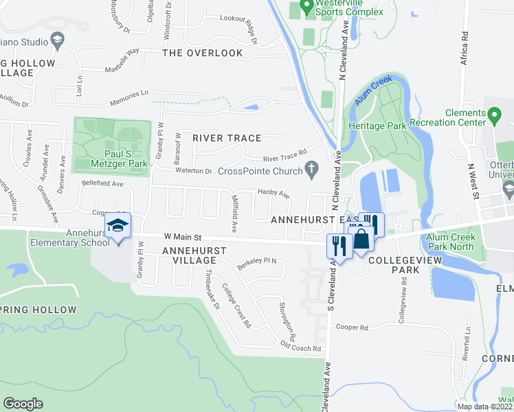map of restaurants, bars, coffee shops, grocery stores, and more near 74 Kennebec Place West in Westerville