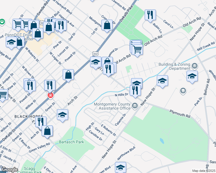 map of restaurants, bars, coffee shops, grocery stores, and more near 3 Zummo Way in Norristown